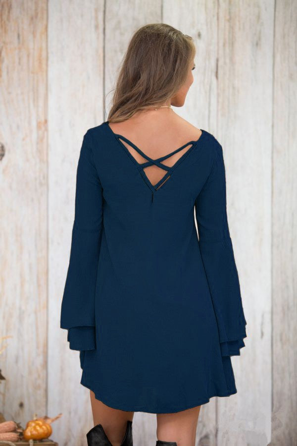 Elegant dark blue WOMEN DRESS RANIA featuring bell sleeves and unique back design, perfect for modern fashion.