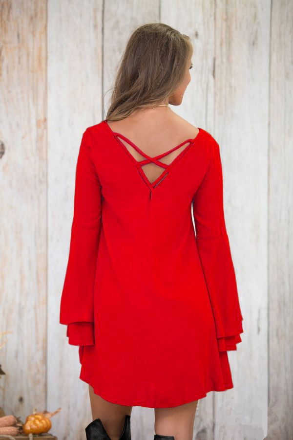 WOMEN DRESS RANIA in red featuring elegant beel sleeves and unique back design, perfect for modern styling.