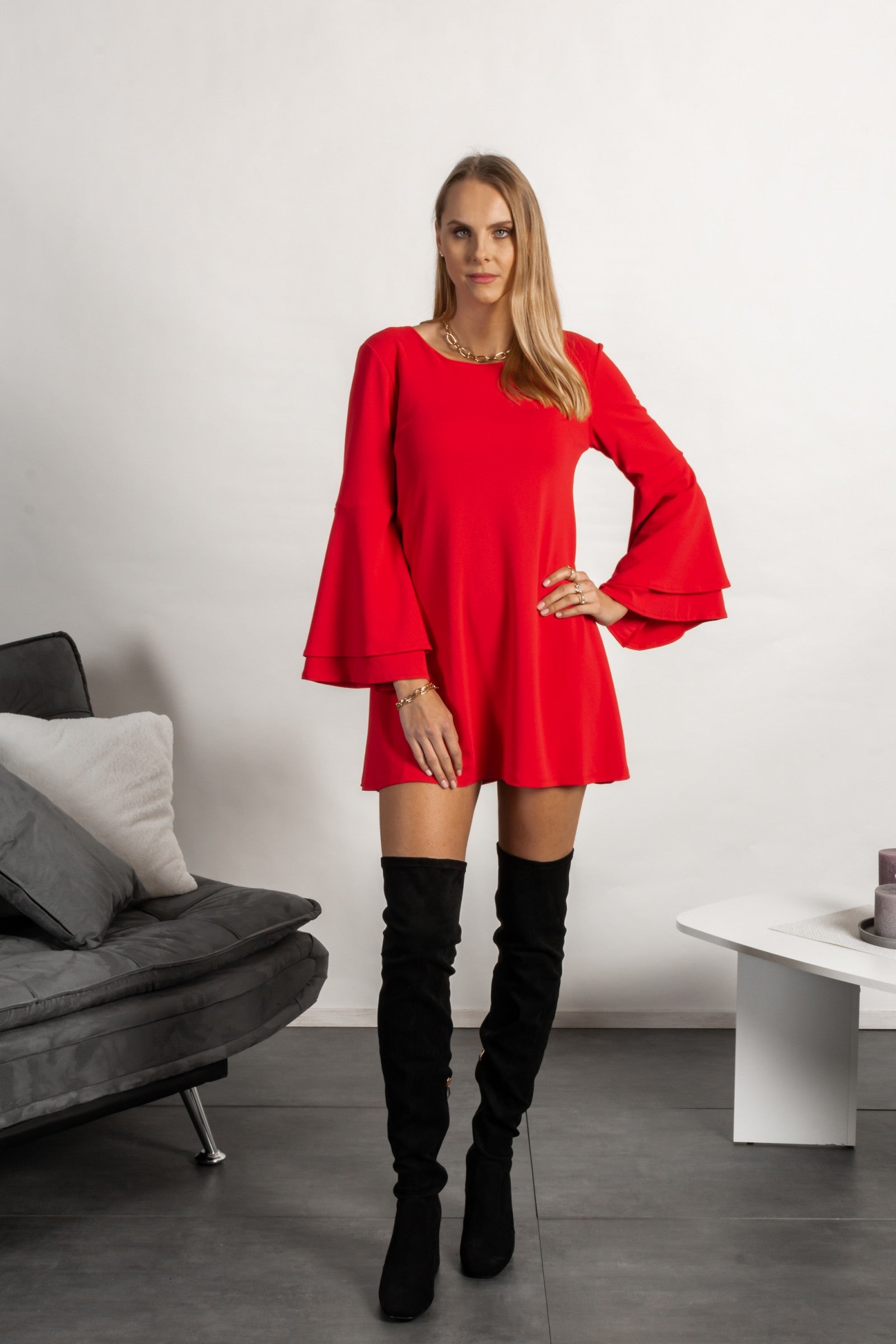 WOMEN DRESS RANIA in red featuring elegant beel sleeves and unique back design, perfect for modern styling.