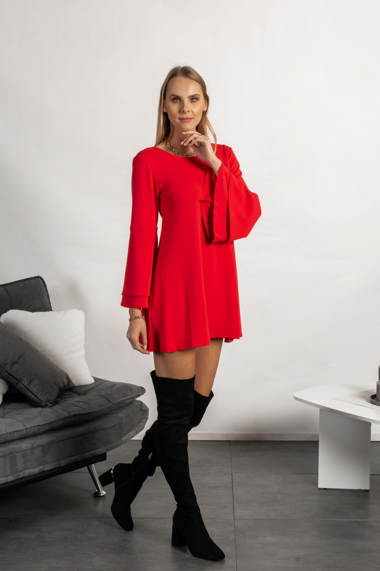 WOMEN DRESS RANIA in red featuring elegant beel sleeves and unique back design, perfect for modern styling.