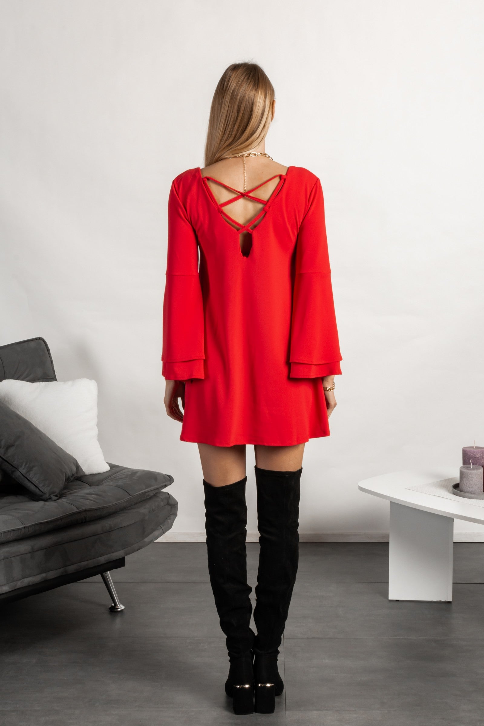 WOMEN DRESS RANIA in red featuring elegant beel sleeves and unique back design, perfect for modern styling.