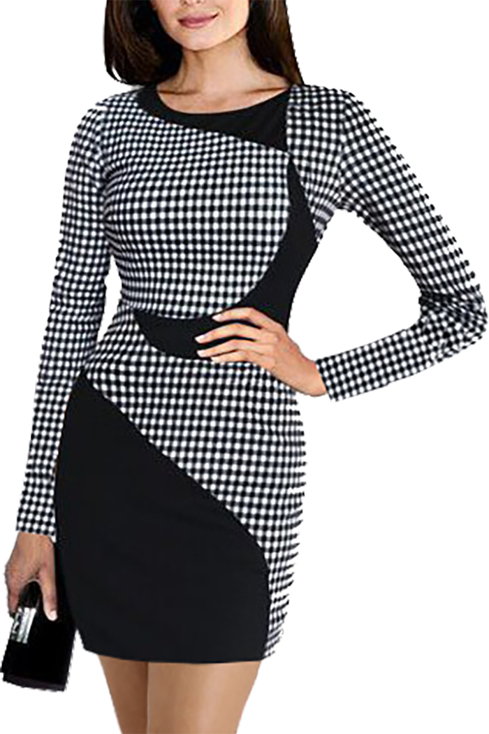 Elegant black and white diamond patterned dress for women, featuring a bodycon fit and 3/4 sleeves.