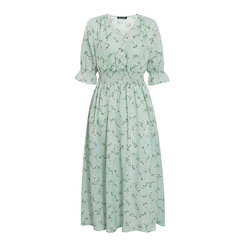 Elegant women's floral print dress featuring puff sleeves and a V-neckline, perfect for summer occasions.