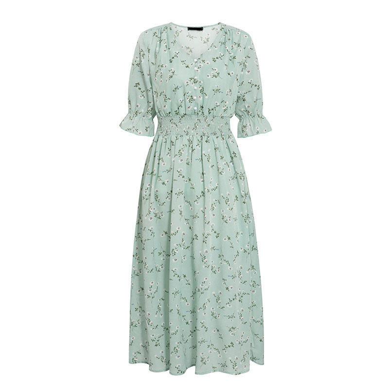 Elegant women's floral print dress featuring puff sleeves and a V-neckline, perfect for summer occasions.