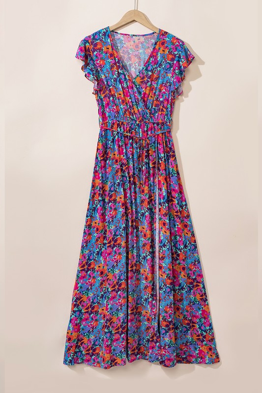 Women Floral Print V Neck Wrap Split Maxi Dress featuring a high waist, side slit, and short sleeves in a vibrant floral pattern.