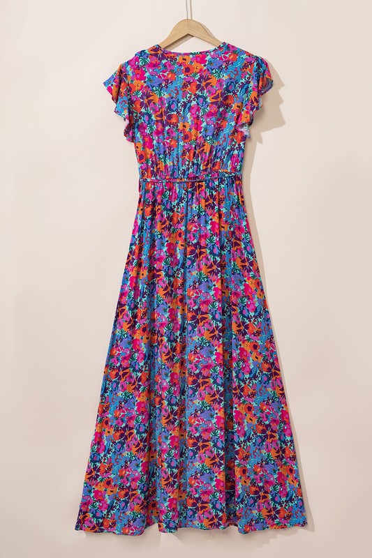 Women Floral Print V Neck Wrap Split Maxi Dress featuring a high waist, side slit, and short sleeves in a vibrant floral pattern.