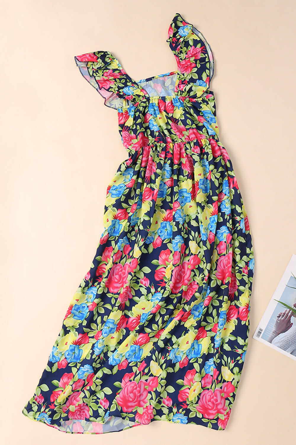 A stylish Women Floral Ruffled Dress featuring a vibrant floral pattern, square neckline, and butterfly sleeves, perfect for summer outings.