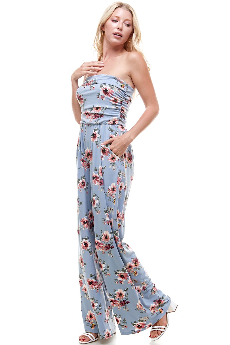 Women Floral Strapless Jumpsuit featuring a vibrant floral pattern, perfect for summer occasions.