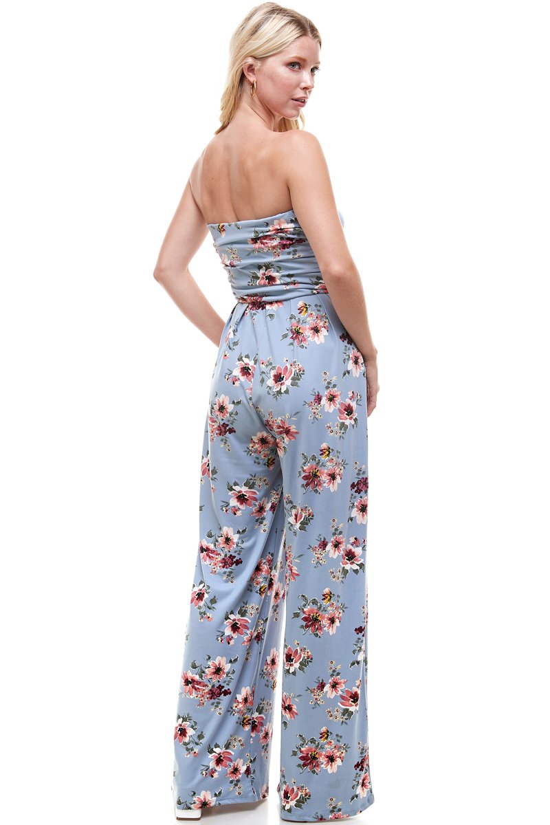 Women Floral Strapless Jumpsuit featuring a vibrant floral pattern, perfect for summer occasions.