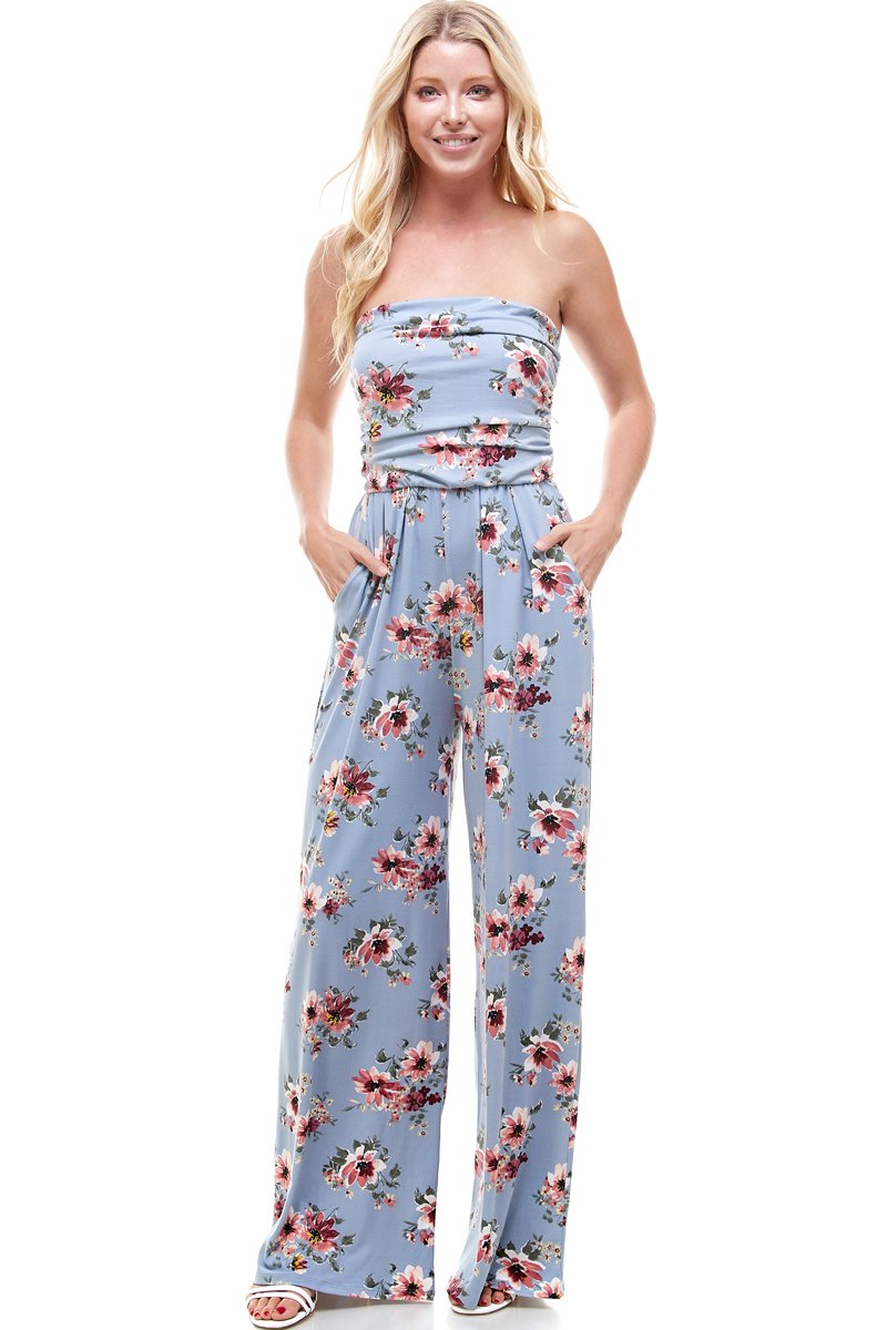 Women Floral Strapless Jumpsuit featuring a vibrant floral pattern, perfect for summer occasions.