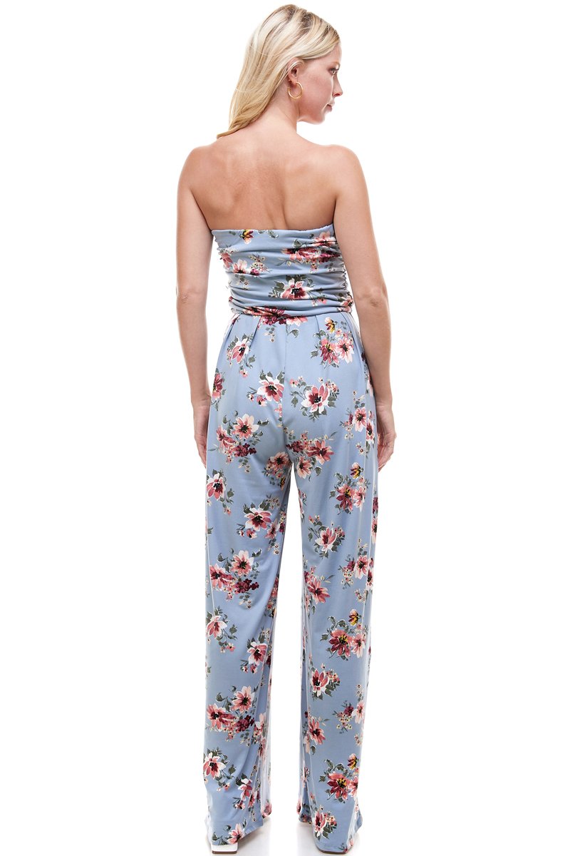 Women Floral Strapless Jumpsuit featuring a vibrant floral pattern, perfect for summer occasions.