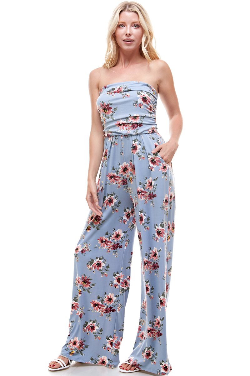 Women Floral Strapless Jumpsuit featuring a vibrant floral pattern, perfect for summer occasions.