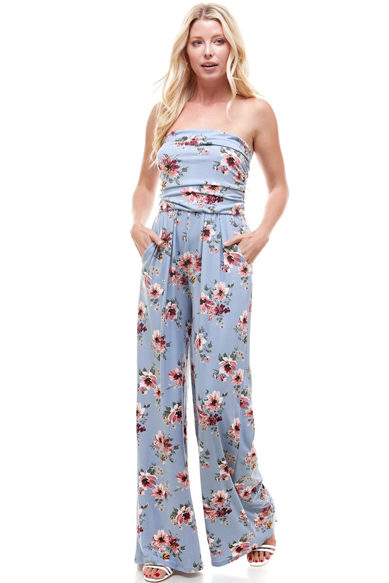 Women Floral Strapless Jumpsuit featuring a vibrant floral pattern, perfect for summer occasions.