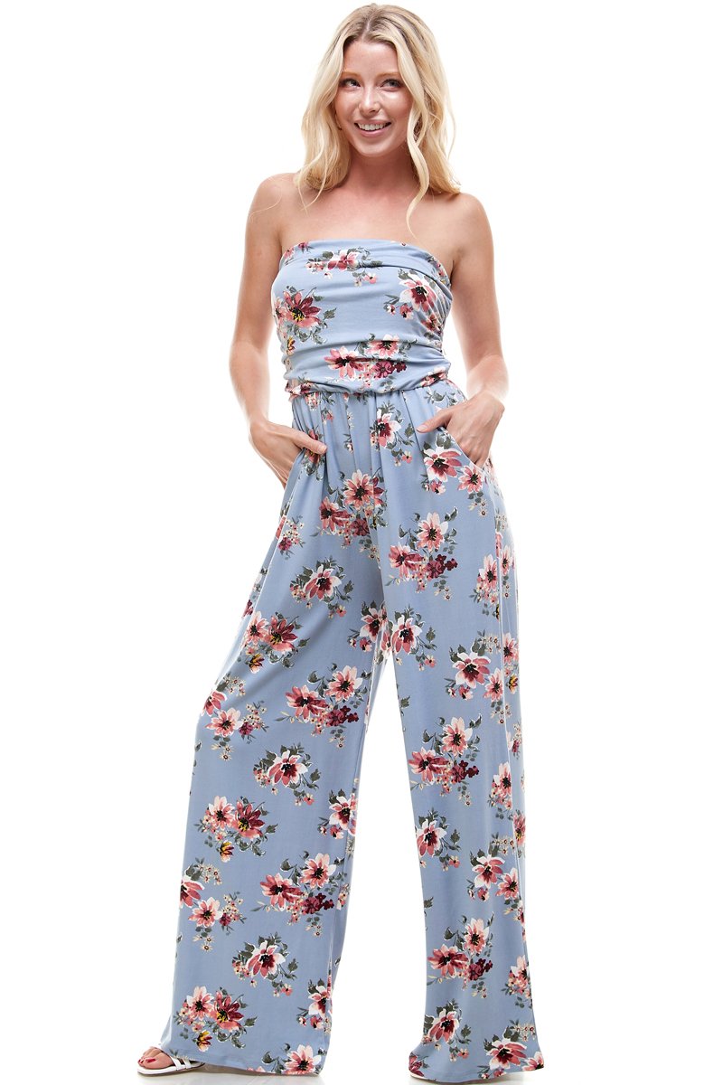 Women Floral Strapless Jumpsuit featuring a vibrant floral pattern, perfect for summer occasions.