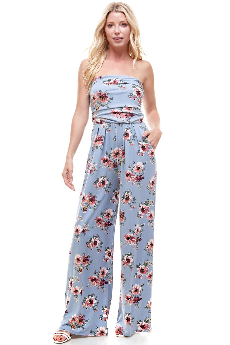 Women Floral Strapless Jumpsuit featuring a vibrant floral pattern, perfect for summer occasions.