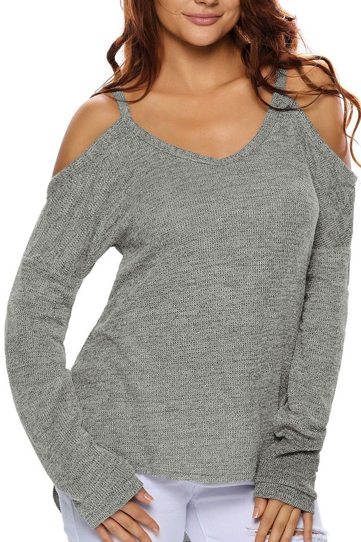 Women wearing a gray cold shoulder knit long sleeves sweater, showcasing its stylish design and relaxed fit.