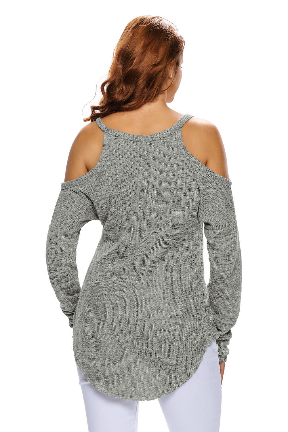 Women wearing a gray cold shoulder knit long sleeves sweater, showcasing its stylish design and relaxed fit.