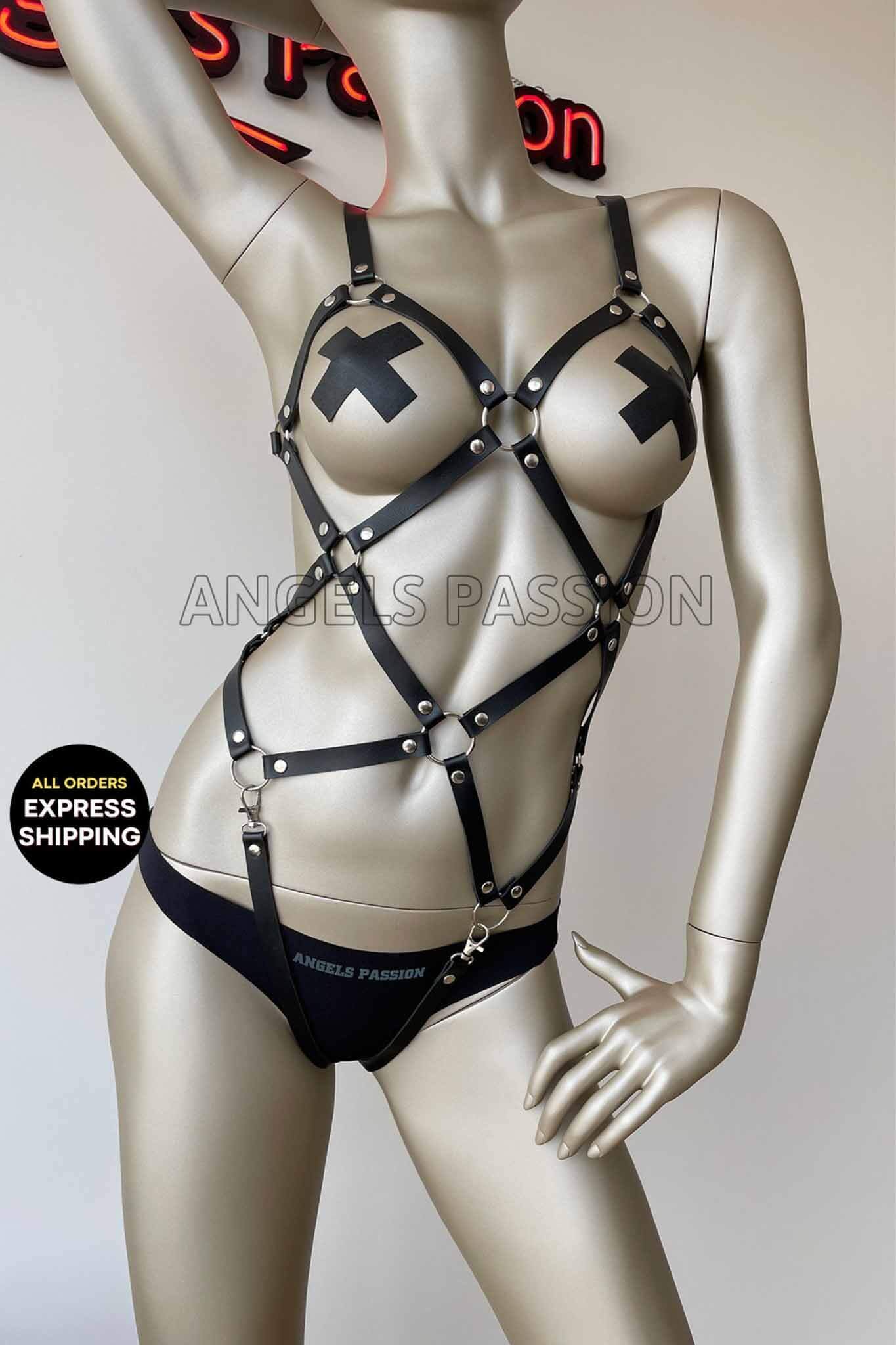 A stylish Women Leather Body Bondage lingerie set featuring adjustable straps and a sleek design, perfect for adventurous wear.