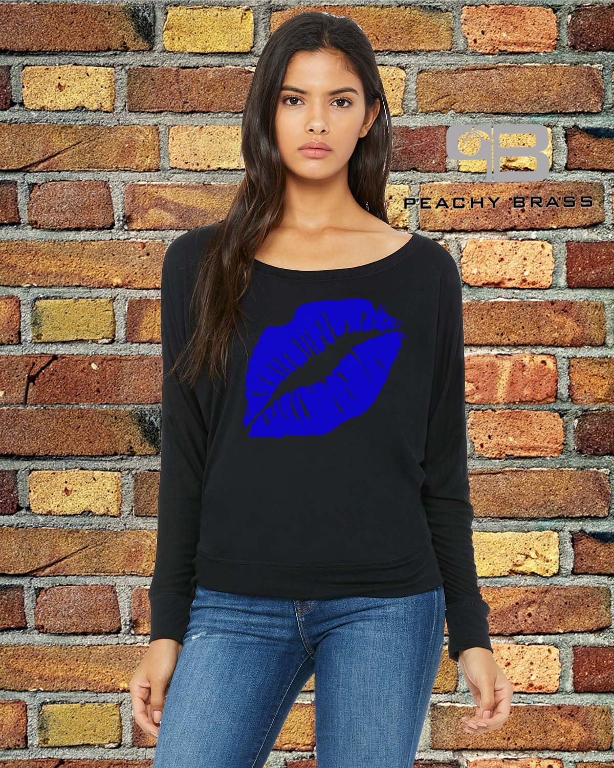 Women Off The Shoulder Lips Shirt featuring a stylish lips graphic, made from a comfortable cotton polyester blend with long sleeves.