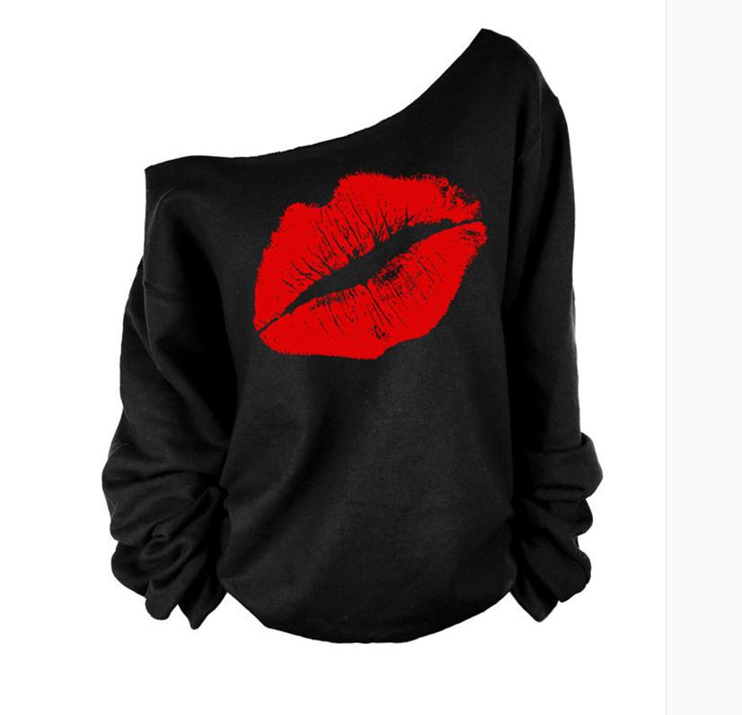 Women Off The Shoulder Lips Shirt featuring a stylish lips graphic, made from a comfortable cotton polyester blend with long sleeves.