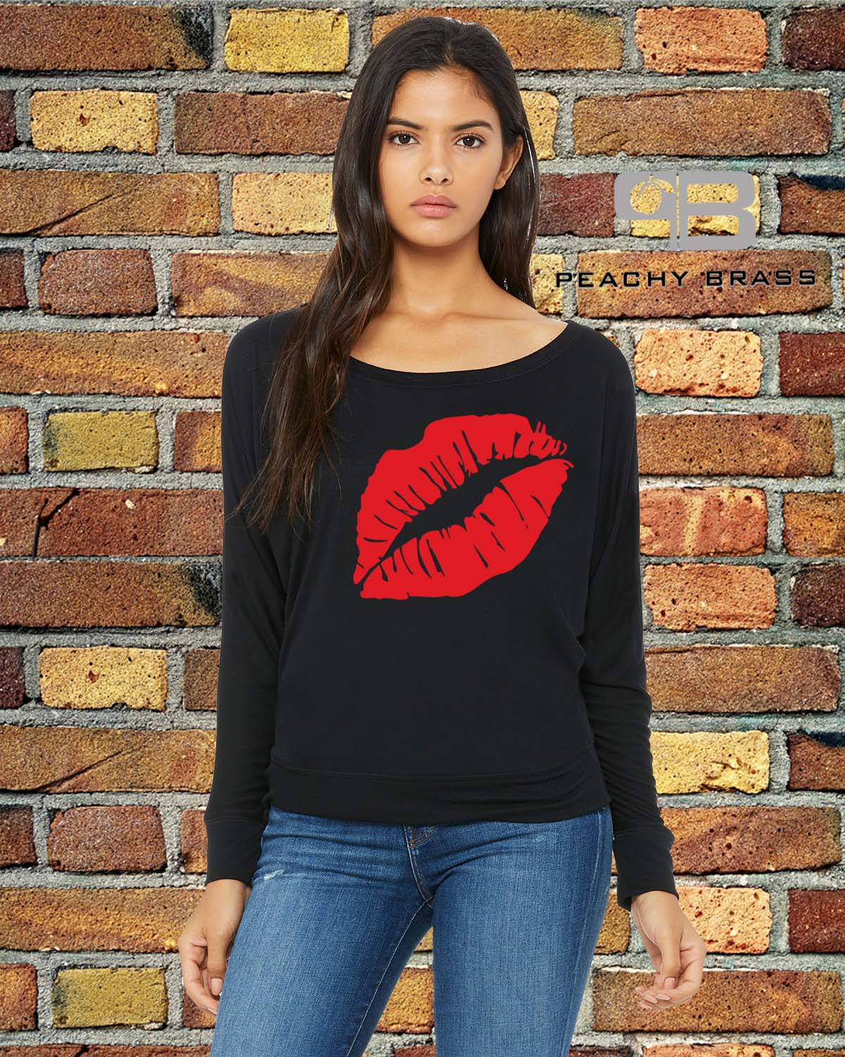 Women Off The Shoulder Lips Shirt featuring a stylish lips graphic, made from a comfortable cotton polyester blend with long sleeves.