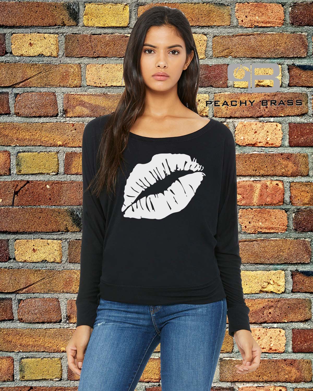 Women Off The Shoulder Lips Shirt featuring a stylish lips graphic, made from a comfortable cotton polyester blend with long sleeves.