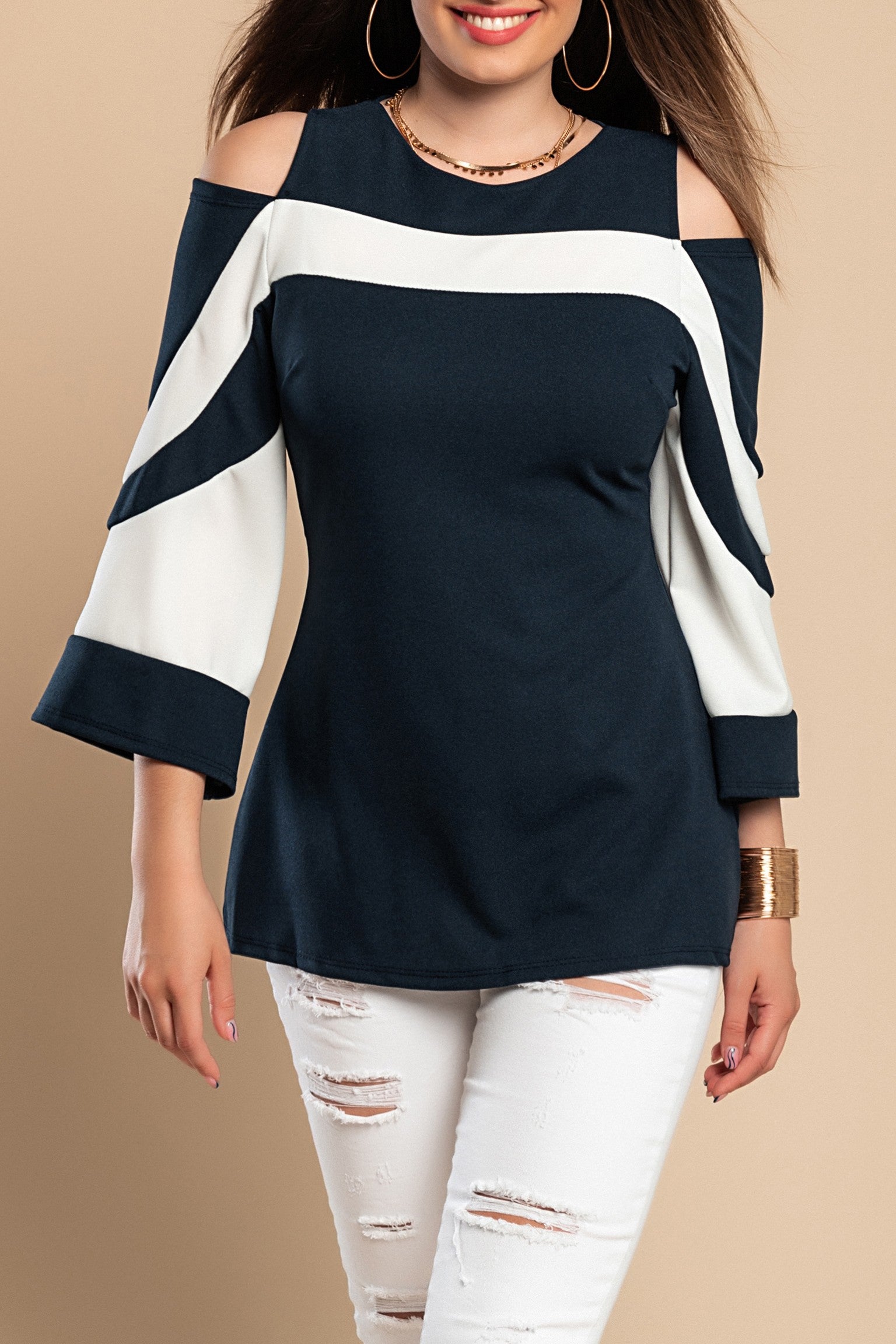 Elegant WOMEN SHIRT NINITA featuring a large collar, open shoulder, and 3/4 bell sleeves, made from high-quality fabric.