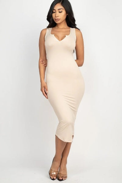 Women Split Neck Tank Dress in solid color, featuring a stylish split neck design and racerback style, made from stretch knit fabric.