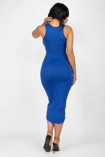 Women Split Neck Tank Dress in solid color, featuring a stylish split neck design and racerback style, made from stretch knit fabric.