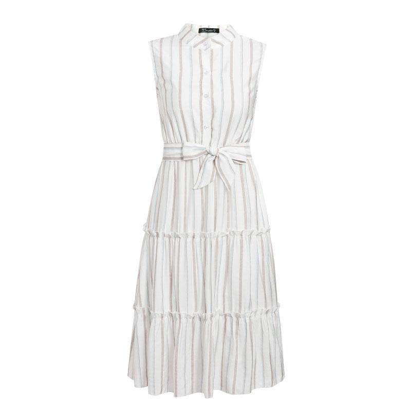 Women striped summer dress featuring a sleeveless design, stand collar, and A-line silhouette, perfect for beach outings.