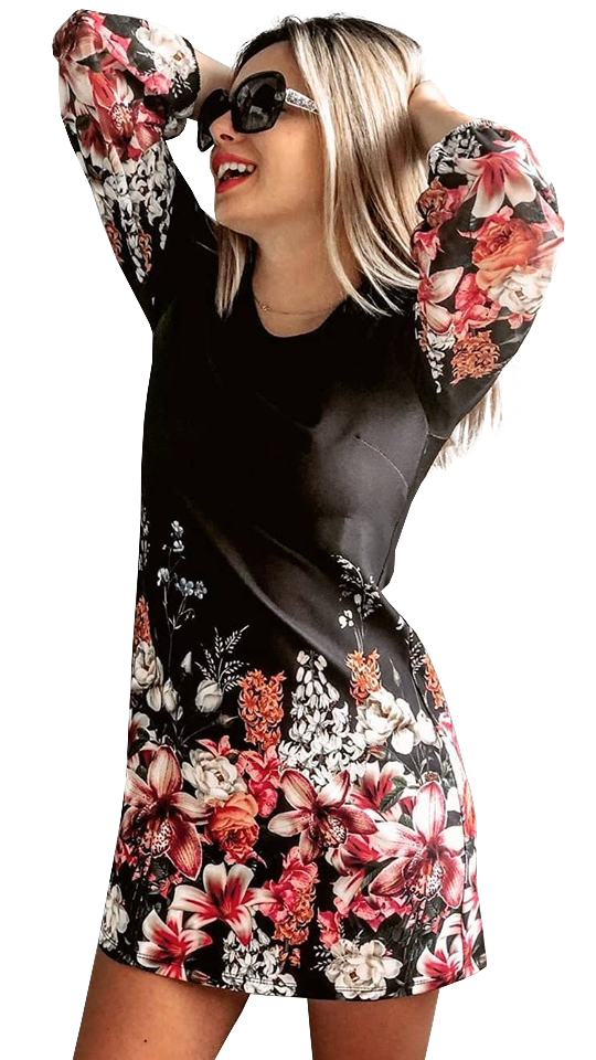 WOMEN TUNIC SIENNA - FLOWERS featuring a vibrant floral print, long translucent sleeves, and a back zipper, made from lightweight fabric.