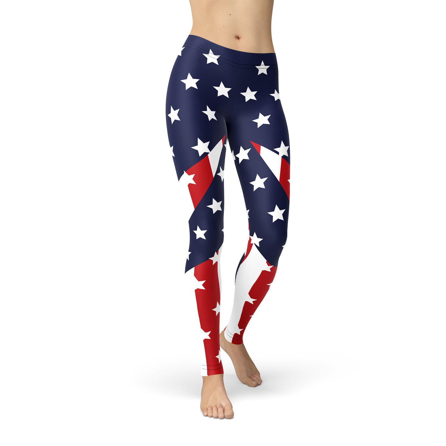 A pair of Women's American Flag Leggings featuring a vibrant stars and stripes design, perfect for workouts and casual wear.