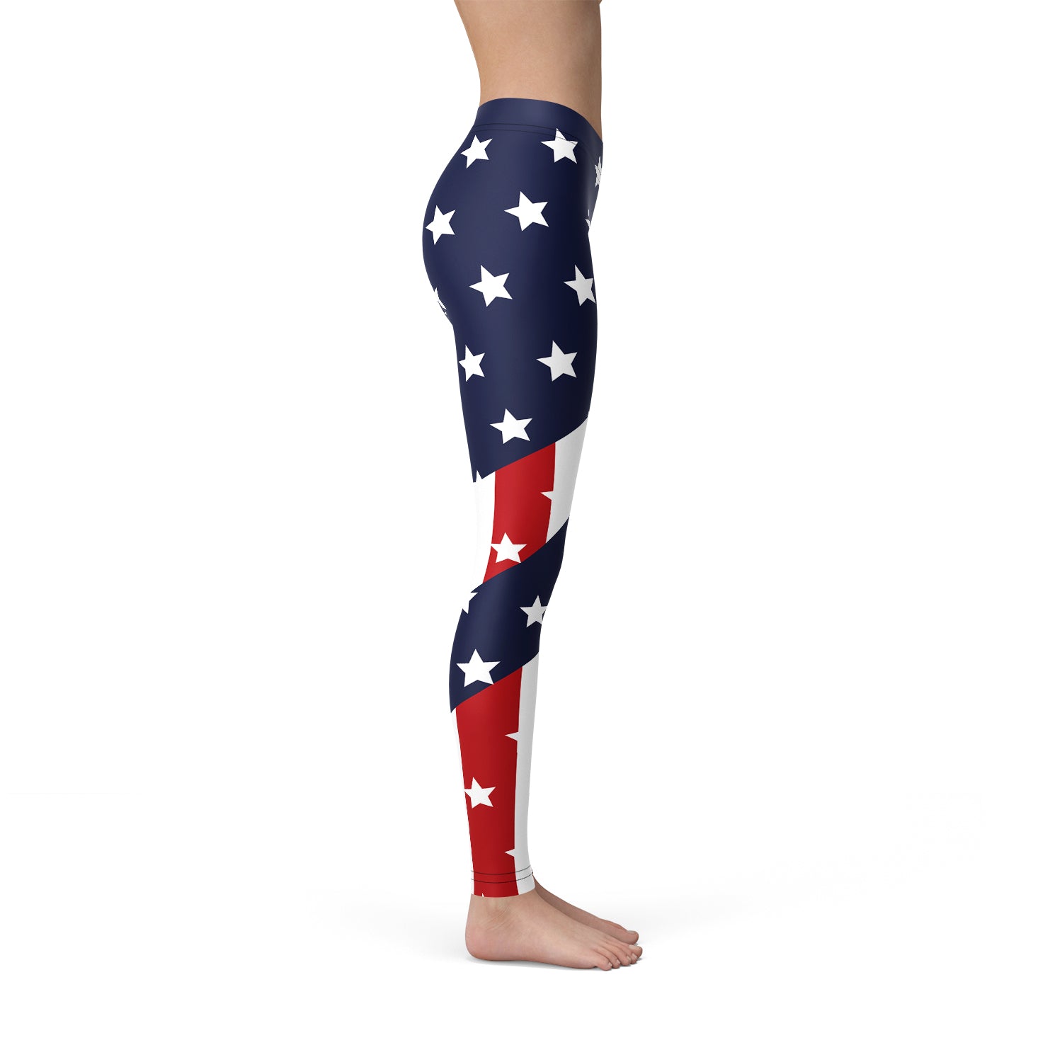 A pair of Women's American Flag Leggings featuring a vibrant stars and stripes design, perfect for workouts and casual wear.