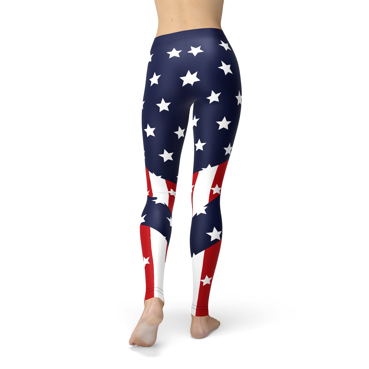 A pair of Women's American Flag Leggings featuring a vibrant stars and stripes design, perfect for workouts and casual wear.