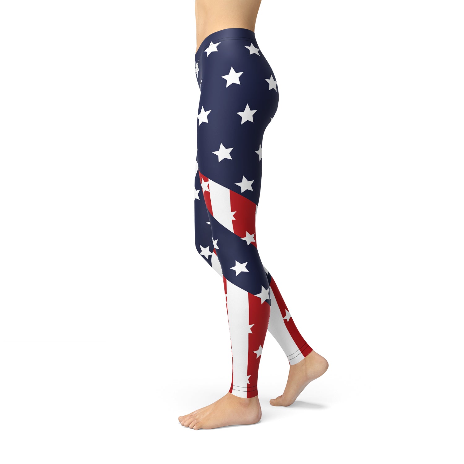 A pair of Women's American Flag Leggings featuring a vibrant stars and stripes design, perfect for workouts and casual wear.