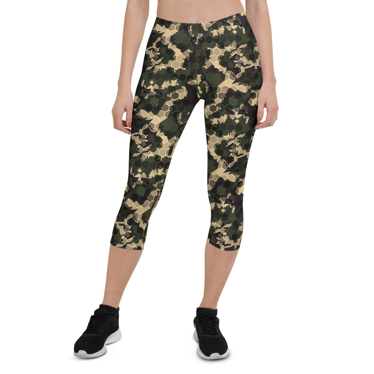 Womens Army Camo Capri Leggings featuring honeycomb patterns, designed for comfort and style during workouts and casual wear.