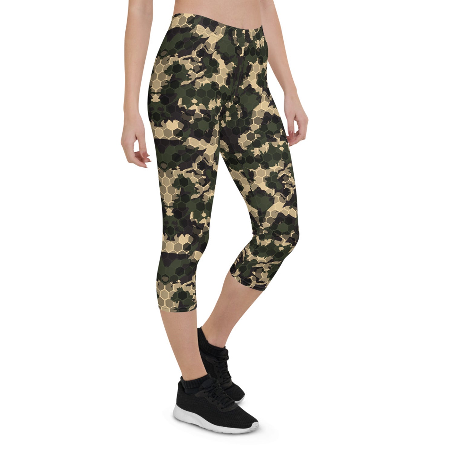 Womens Army Camo Capri Leggings featuring honeycomb patterns, designed for comfort and style during workouts and casual wear.