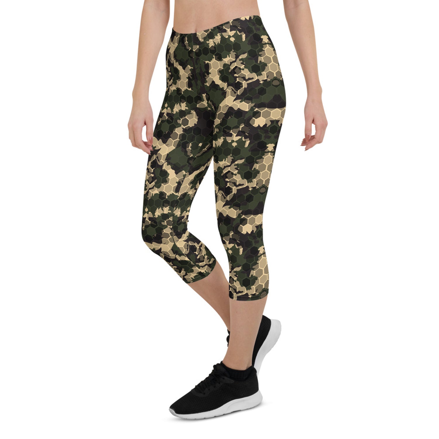 Womens Army Camo Capri Leggings featuring honeycomb patterns, designed for comfort and style during workouts and casual wear.