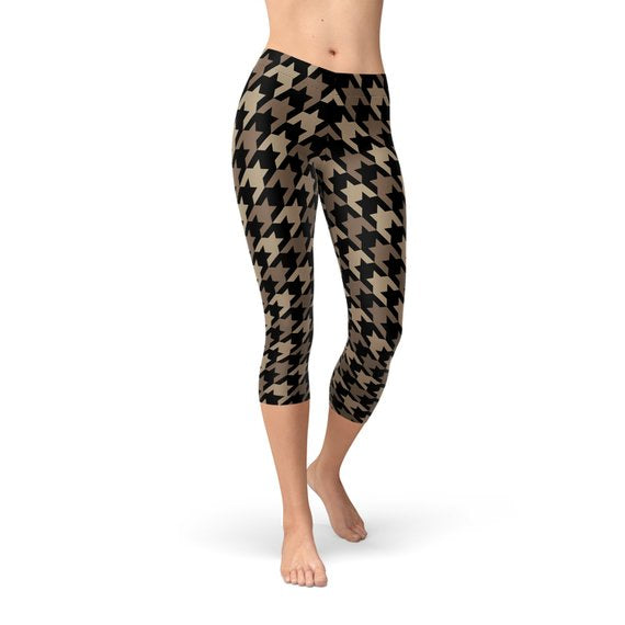 Womens Beige Brown Houndstooth Capri Leggings showcasing unique design and comfortable fit, perfect for workouts and casual wear.