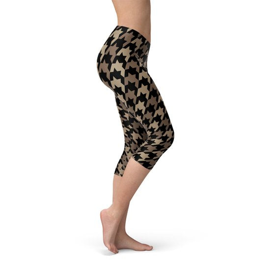 Womens Beige Brown Houndstooth Capri Leggings showcasing unique design and comfortable fit, perfect for workouts and casual wear.