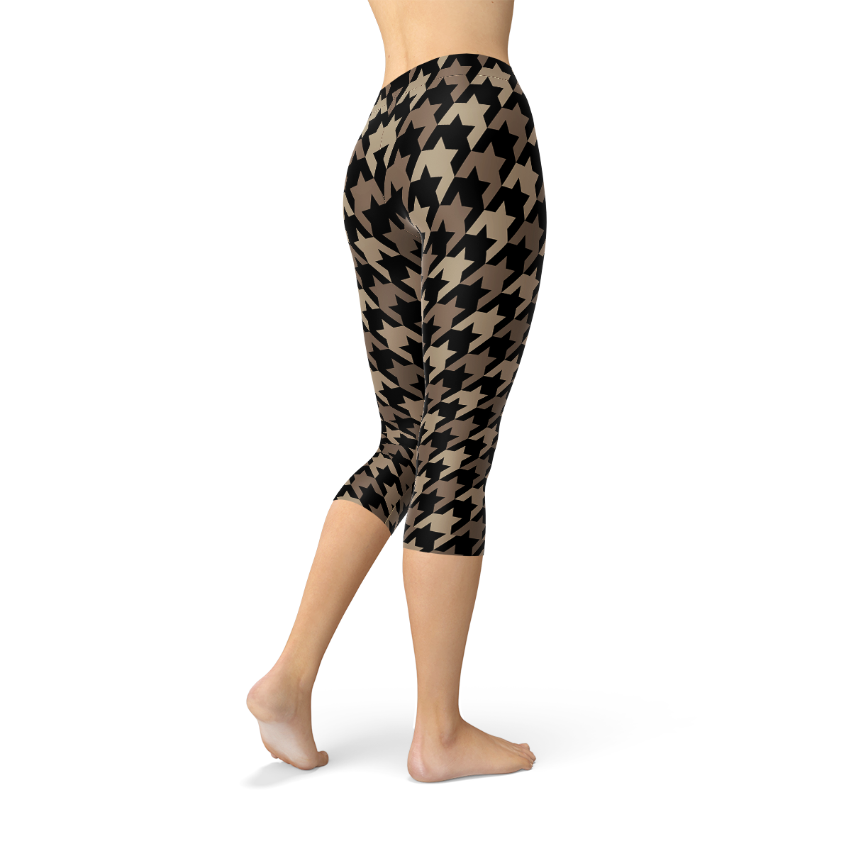 Womens Beige Brown Houndstooth Capri Leggings showcasing unique design and comfortable fit, perfect for workouts and casual wear.