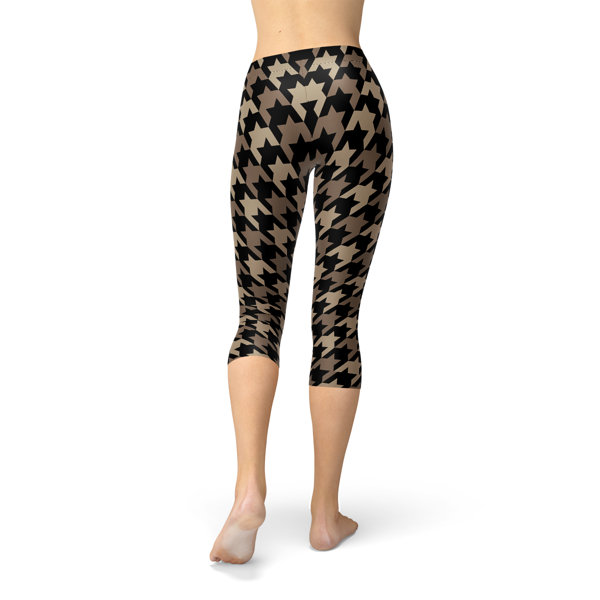 Womens Beige Brown Houndstooth Capri Leggings showcasing unique design and comfortable fit, perfect for workouts and casual wear.