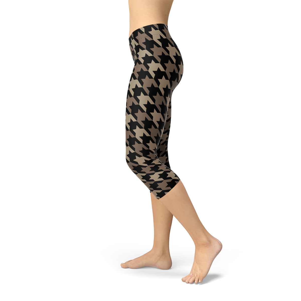 Womens Beige Brown Houndstooth Capri Leggings showcasing unique design and comfortable fit, perfect for workouts and casual wear.