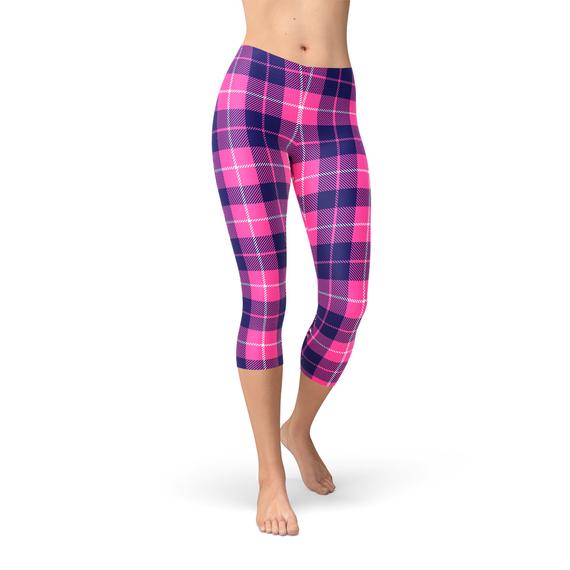 Women's Buffalo Plaid Capri Leggings featuring a unique plaid design, perfect for workouts and casual wear, showcasing flexibility and comfort.