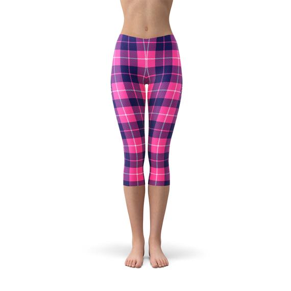 Women's Buffalo Plaid Capri Leggings featuring a unique plaid design, perfect for workouts and casual wear, showcasing flexibility and comfort.