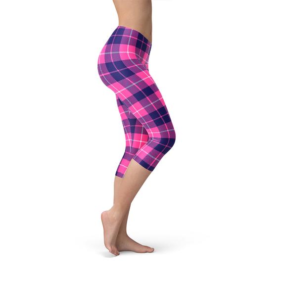 Women's Buffalo Plaid Capri Leggings featuring a unique plaid design, perfect for workouts and casual wear, showcasing flexibility and comfort.