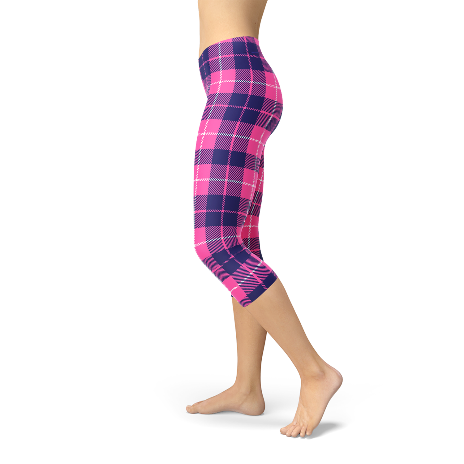 Women's Buffalo Plaid Capri Leggings featuring a unique plaid design, perfect for workouts and casual wear, showcasing flexibility and comfort.