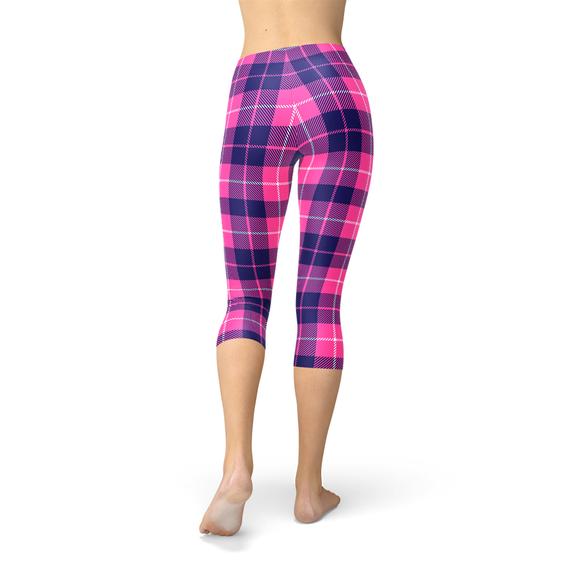 Women's Buffalo Plaid Capri Leggings featuring a unique plaid design, perfect for workouts and casual wear, showcasing flexibility and comfort.