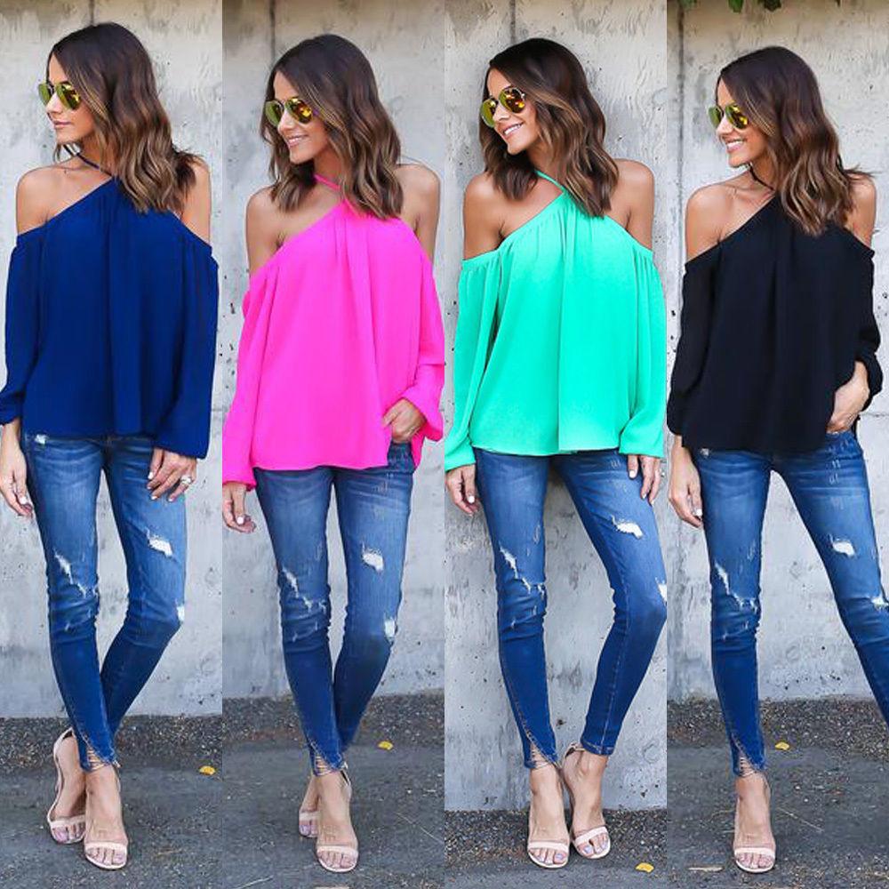 Women's Chiffon Tee featuring a sexy halter neck and long sleeves in solid colors, perfect for stylish casual wear.