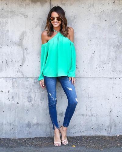 Women's Chiffon Tee featuring a sexy halter neck and long sleeves in solid colors, perfect for stylish casual wear.